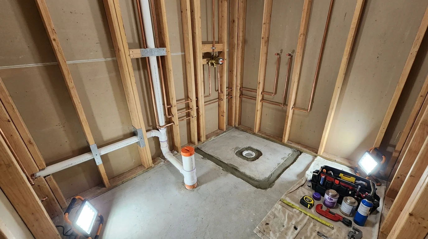 Bathroom rough-in plumbing during remodel by Johns Plumbing LLC in Glen Allen
