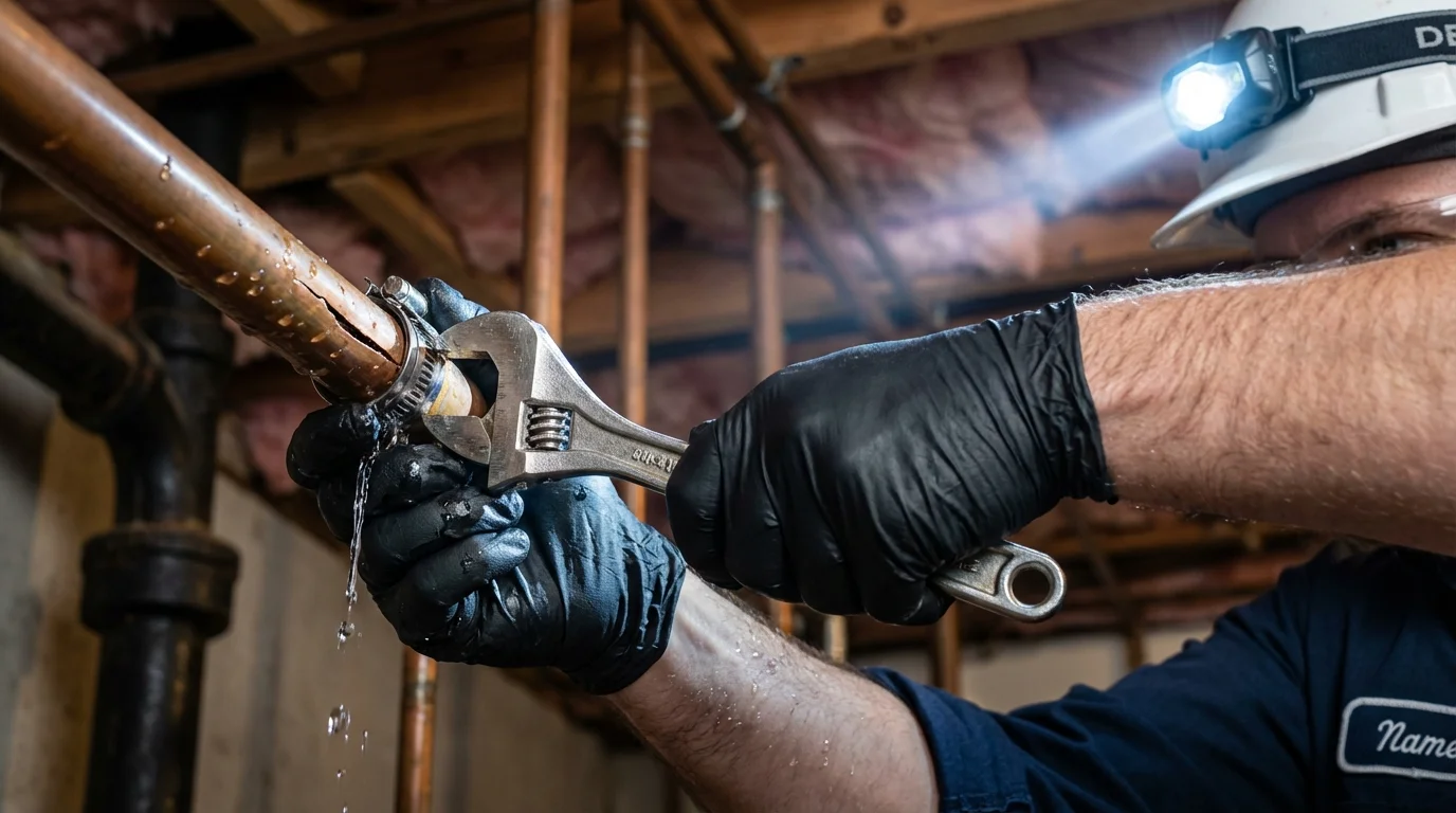 Emergency pipe clamp repair being performed by a Johns Plumbing LLC plumber in Glen Allen