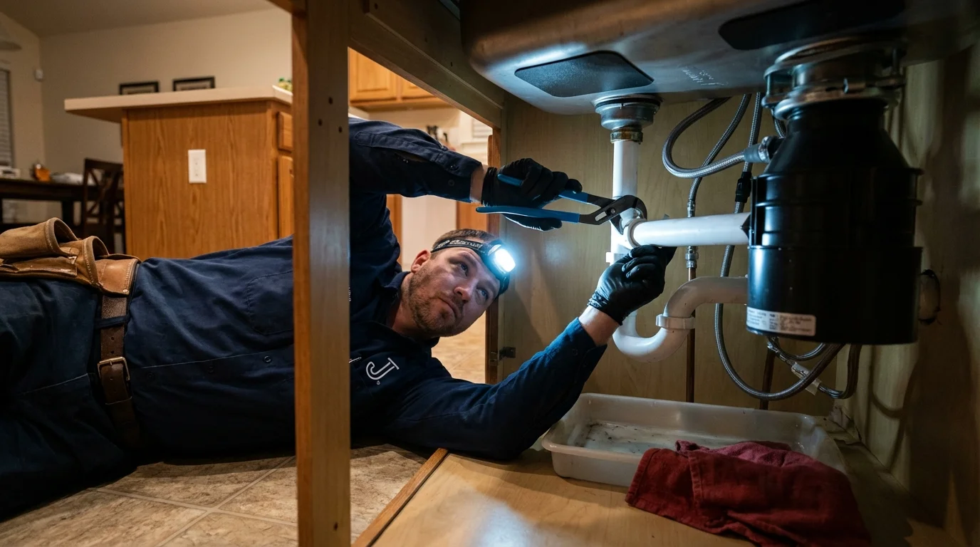 P-trap and supply line connections under a kitchen sink showing a common leak point in Glen Allen, VA